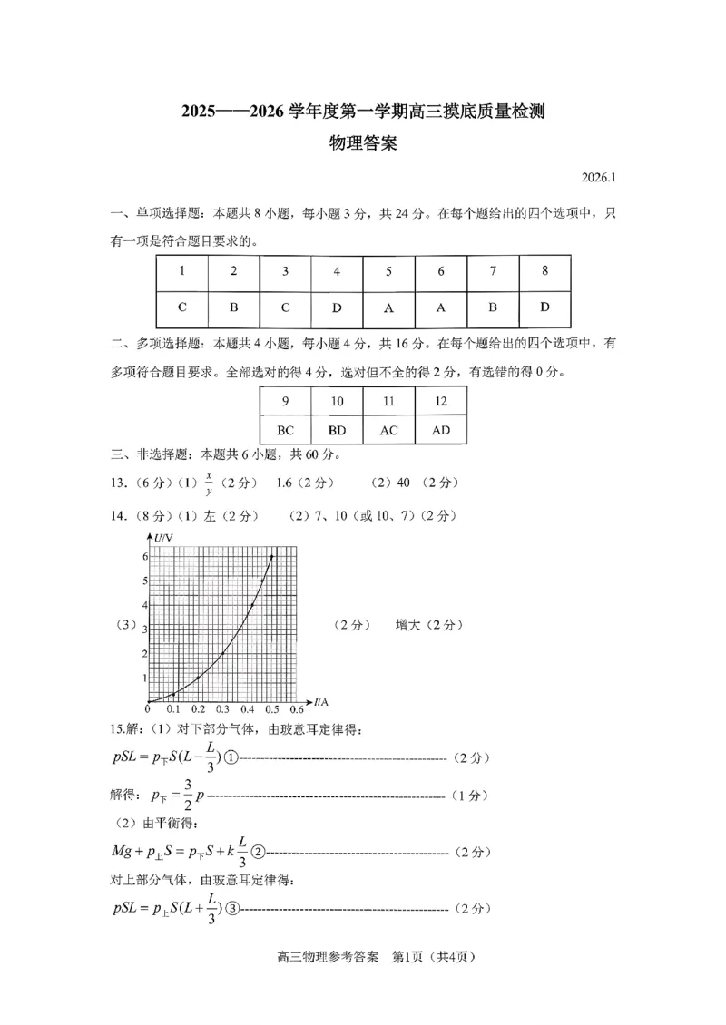 物理答案-2026届山东省淄博市第一学期高三摸底质量检测（期末）(1)_2026年1月_2601232026届山东省淄博市第一学期高三摸底质量检测（期末）（全科）