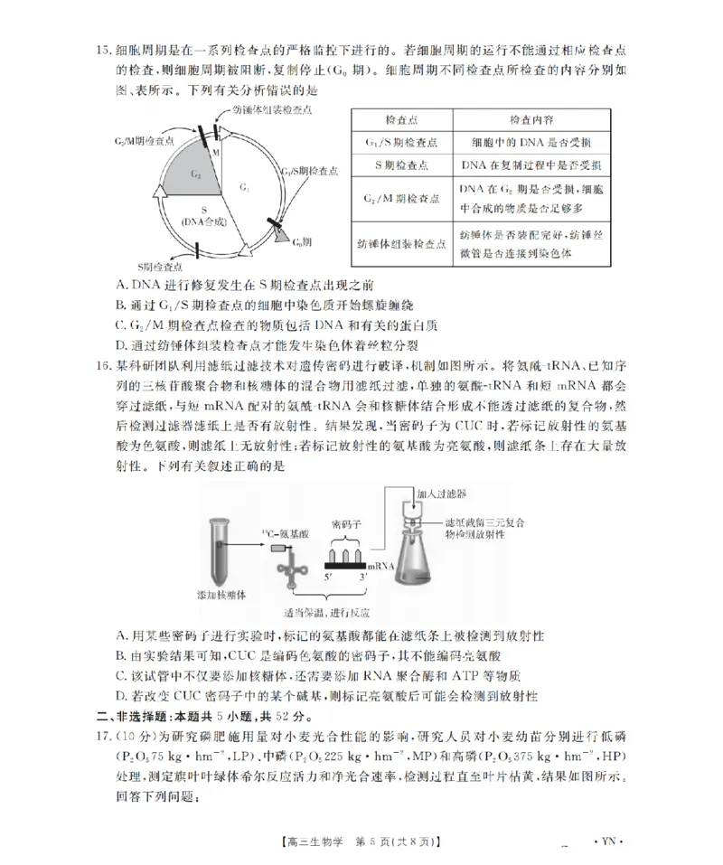 云南省2026届高三上学期1月百万大联考生物(1)_2026年1月_260129金太阳&middot;云南省2026届高三上学期1月百万大联考（全科）