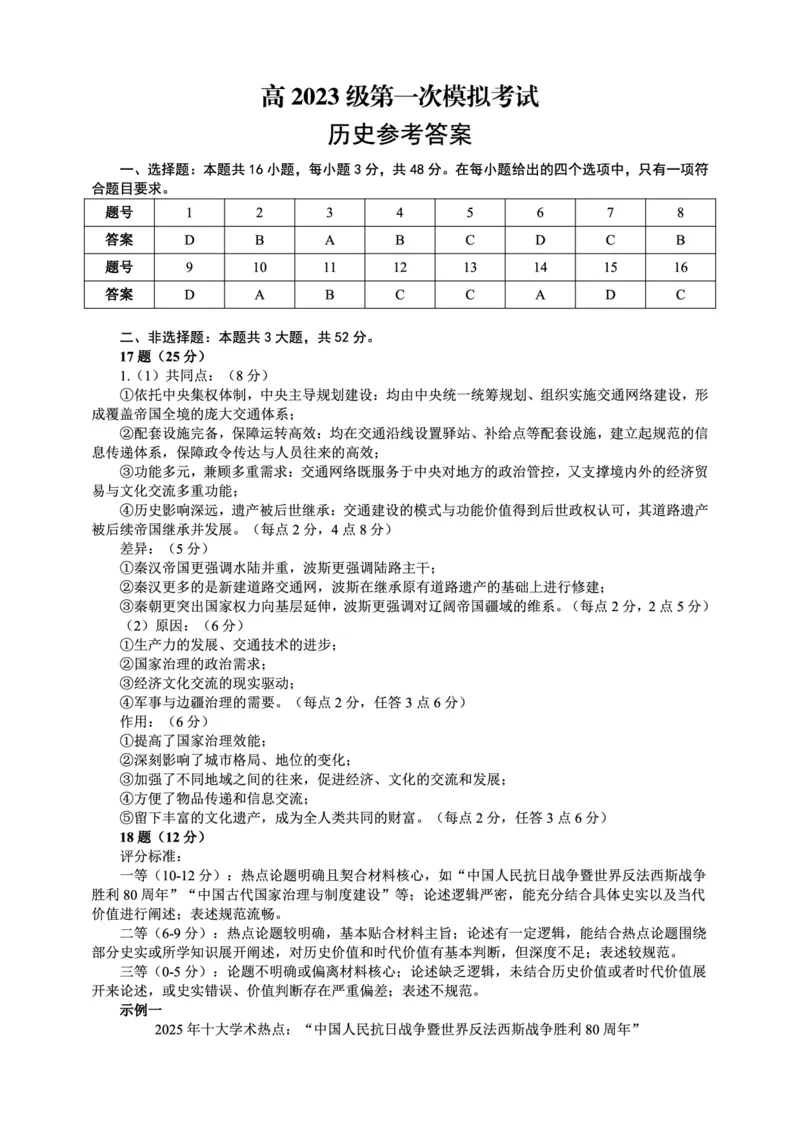 四川省广安市高2023级第一次模拟考试历史答案(1)_2026年1月_260118四川省广安市高2023级第一次模拟考试（广安一诊）（全科）