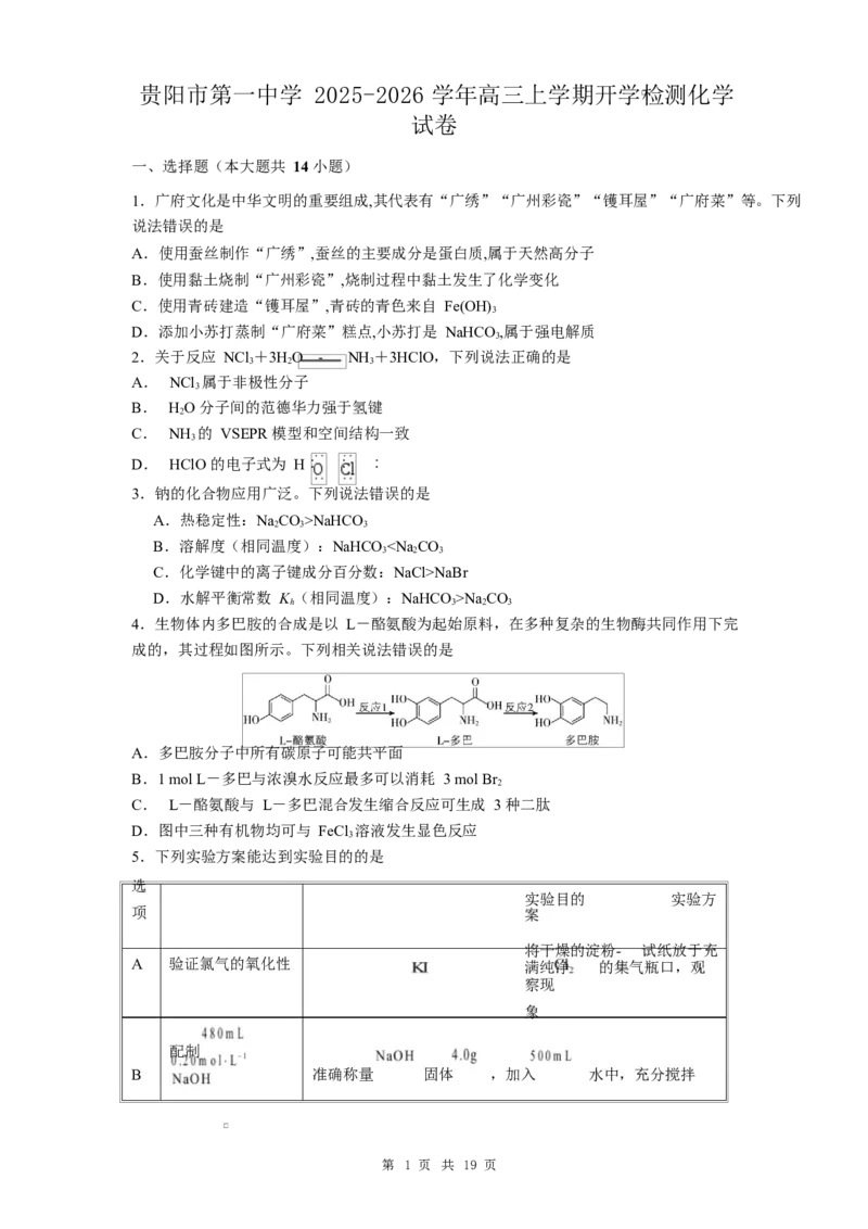 贵州省贵阳市第一中学2026届高三上学期9月开学考试化学试卷（含答案）_2025年9月_250909贵州省贵阳市第一中学2026届高三上学期9月开学考试（全科）