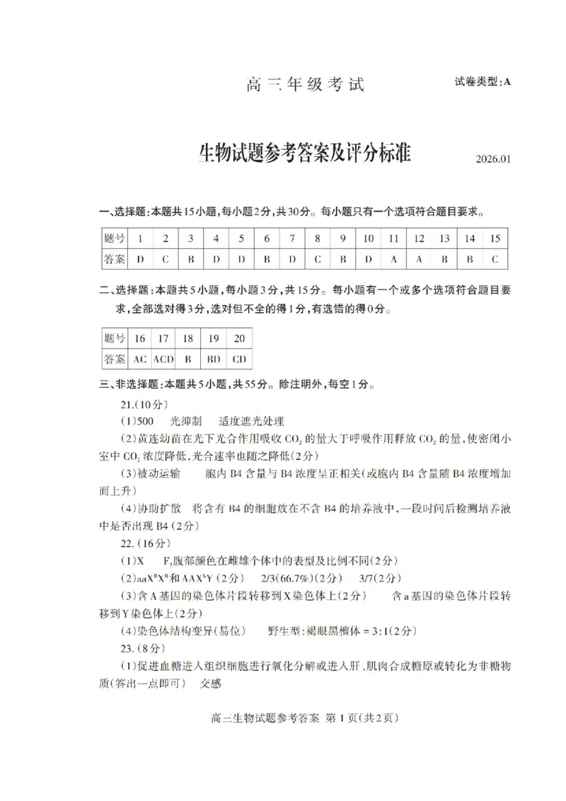 山东省泰安市2026年1月高三期末考试生物(1)_2026年1月_260107山东省泰安市2026年1月高三期末考试（全科）