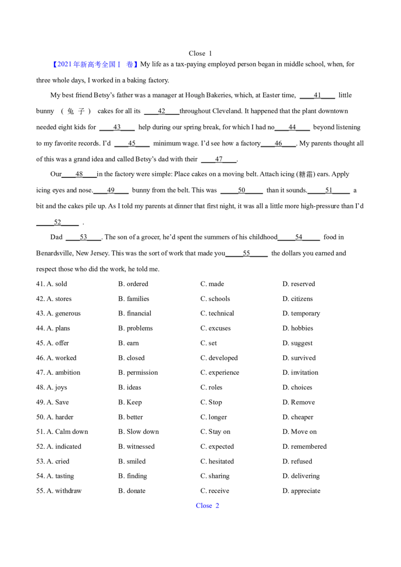 专题22完形填空(新高考15空)（学生卷）--学易金卷：十年（2014-2023）高考真题英语分项汇编（全国通用）_近10年高考真题汇编（必刷）_十年（2014-2024）高考英语真题分类汇编（全国通用）