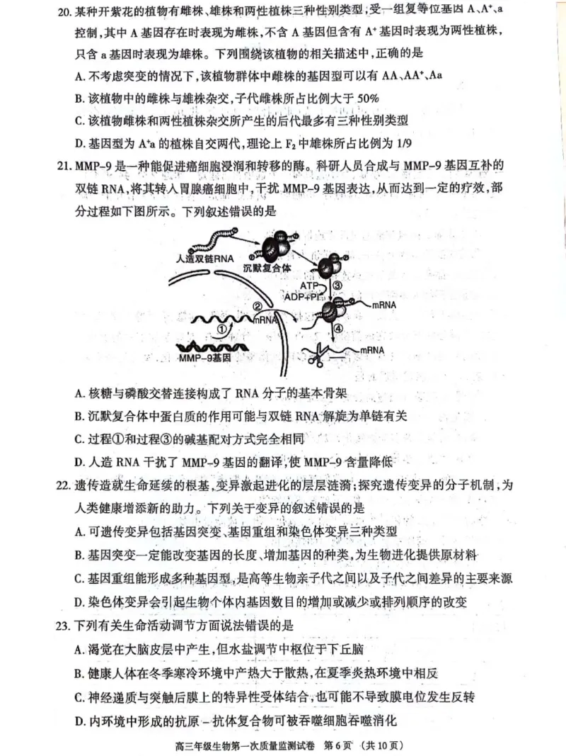 呼和浩特高三上(质检Ⅰ)-理综试题+答案(1)_2023年9月_029月合集_2024届内蒙古呼和浩特市高三第一次质量监测
