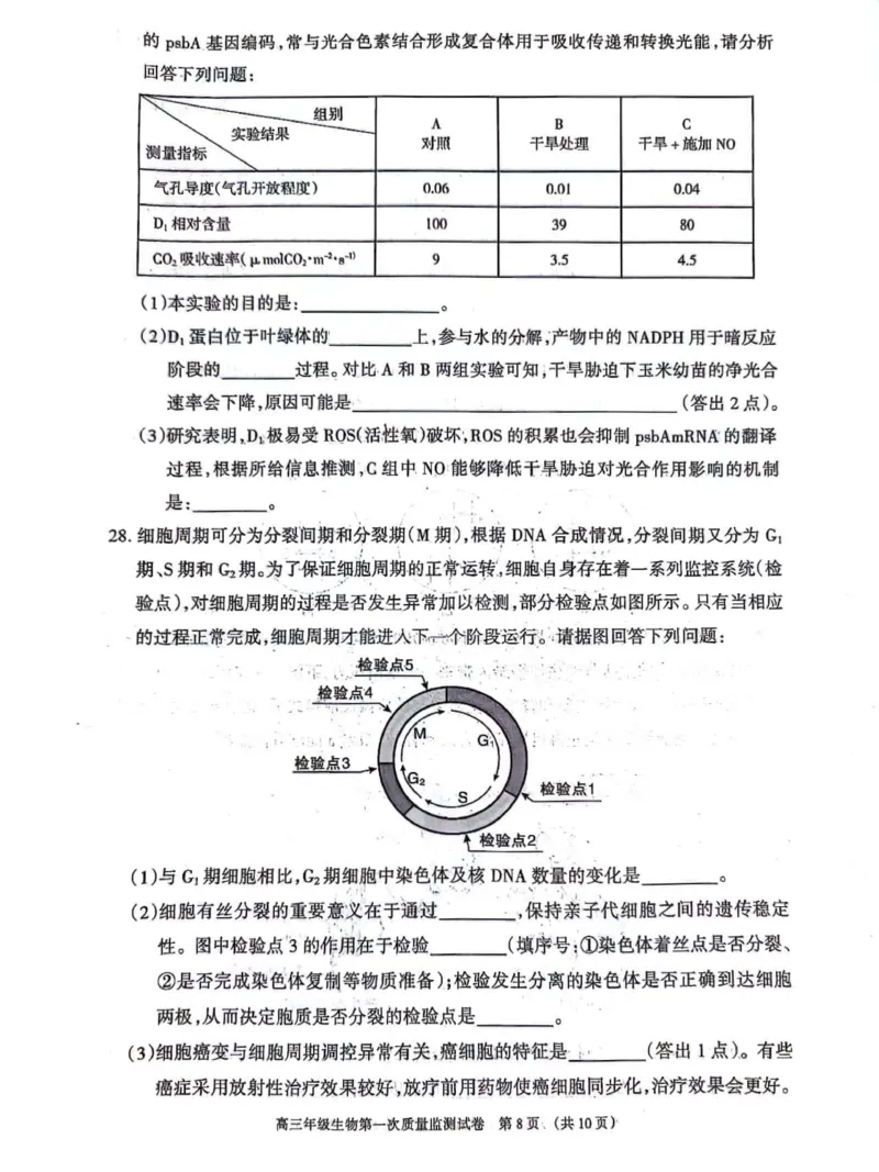 呼和浩特高三上(质检Ⅰ)-理综试题+答案(1)_2023年9月_029月合集_2024届内蒙古呼和浩特市高三第一次质量监测