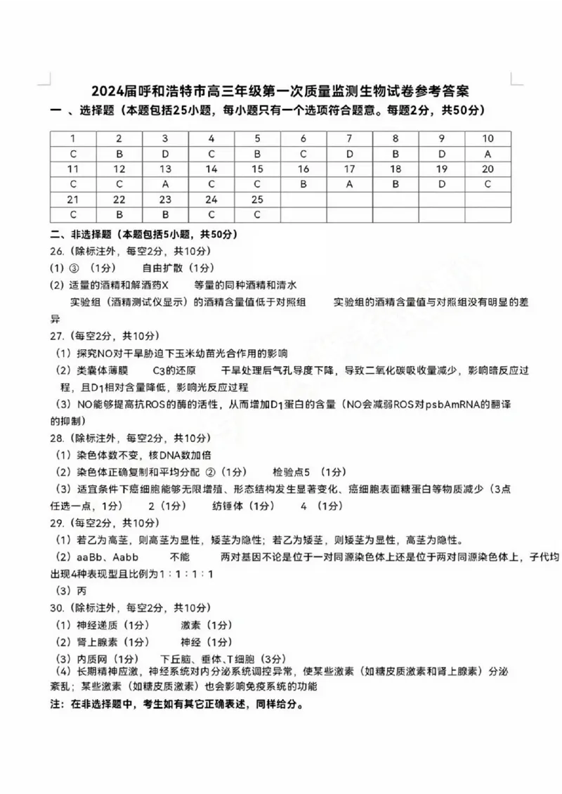 呼和浩特高三上(质检Ⅰ)-理综试题+答案(1)_2023年9月_029月合集_2024届内蒙古呼和浩特市高三第一次质量监测