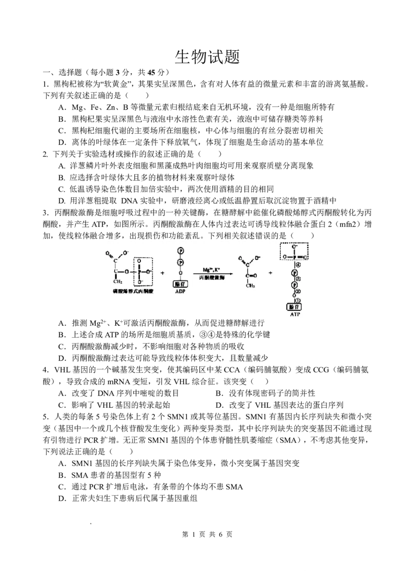 四川省绵阳中学2026届高三第二次模拟考试生物(1)_2026年1月_260125四川省绵阳中学2026届高三第二次模拟考试（全科）