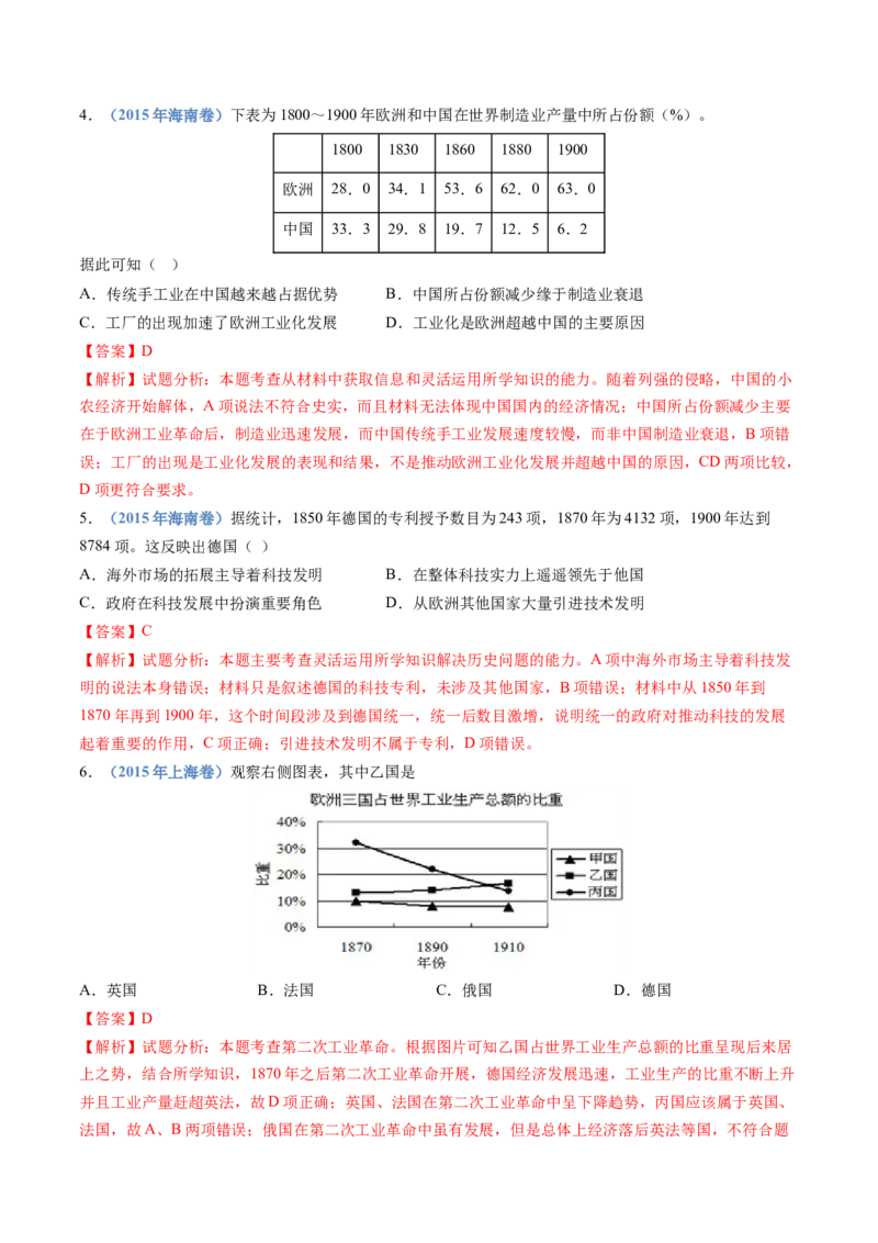 专题14工业革命与马克思主义的诞生（解析卷）_近10年高考真题汇编（必刷）_十年（2014-2024）高考历史真题分项汇编（全国通用）_十年（2014-2023）高考历史真题分项汇编（全国通用）