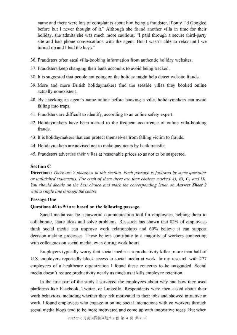 2022.06四级真题第2套可复制可搜索，打印首选_英语四六级整合_英语四六级真题版本二此版为主此文件夹会持续更新_四级真题_1.四级真题+答案解析+听力音频(1989-2025)_2022年