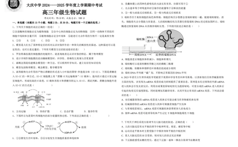 黑龙江省大庆市大庆中学2024-2025学年高三上学期10月期中考试生物PDF版含答案（可编辑）_11月_241101黑龙江省大庆市大庆中学2024-2025学年高三上学期10月期中考试