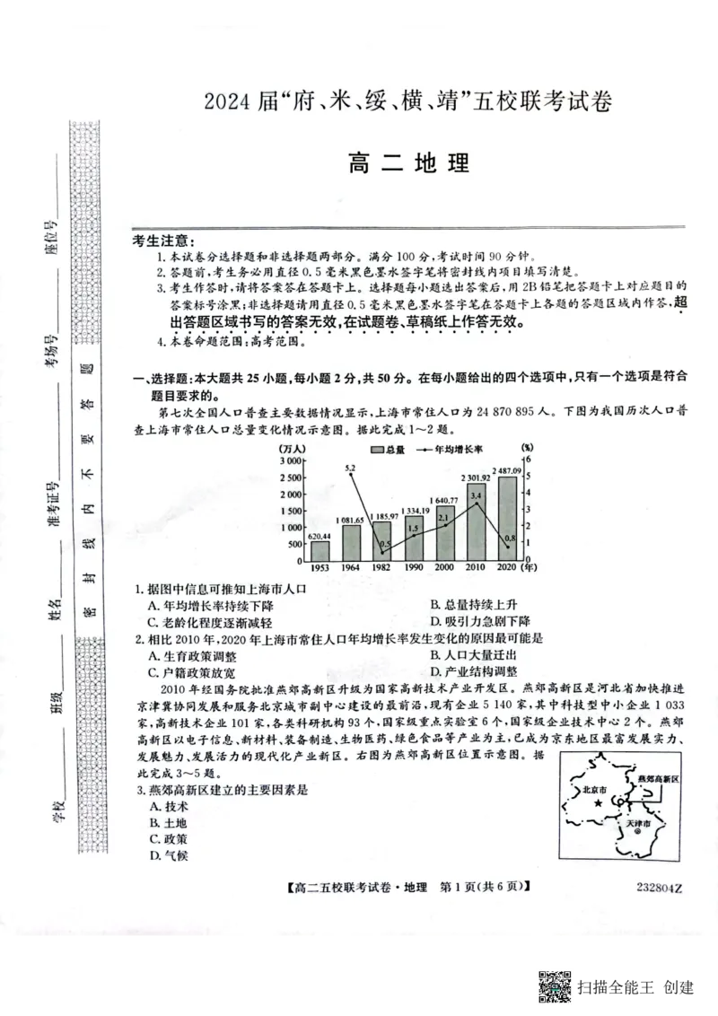 2024届陕西省榆林市&ldquo;府、米、绥、横、靖&rdquo;五校联考高三上学期开学考试地理(1)_2023年8月_028月合集_2024届陕西省榆林市&ldquo;府、米、绥、横、靖&rdquo;五校联考高三上学期开学考试（全科）
