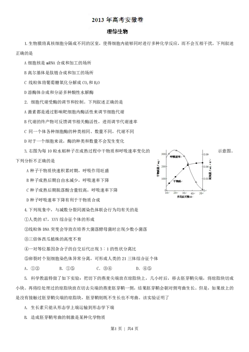 2013年高考生物试卷（安徽）（空白卷）_生物历年高考真题_新&middot;PDF版2008-2025&middot;高考生物真题_生物（按省份分类）2008-2025_2012-2025&middot;（安徽）生物高考真题