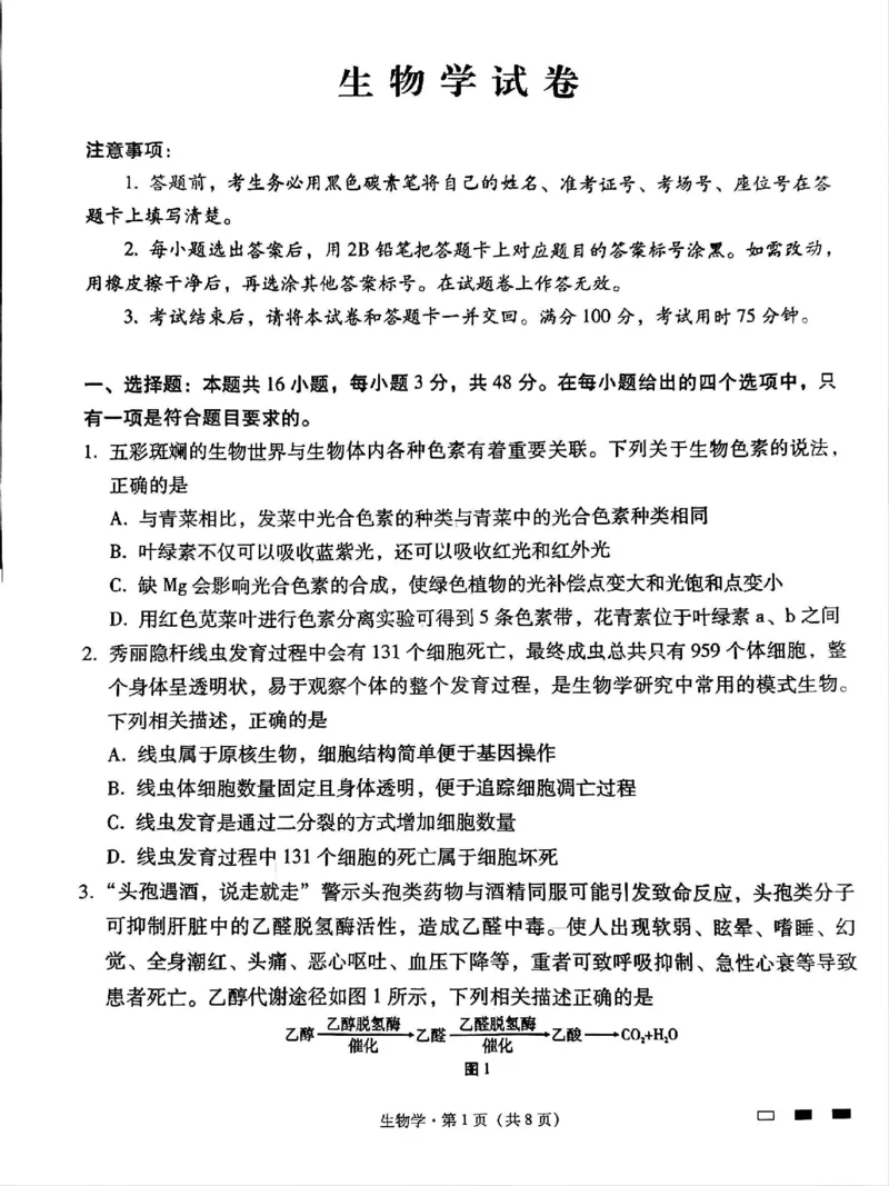贵州省贵阳第一中学2025届高考适应性月考卷（八）生物_2025年5月_250529贵州省贵阳第一中学2025届高考适应性月考卷（八）（全科）