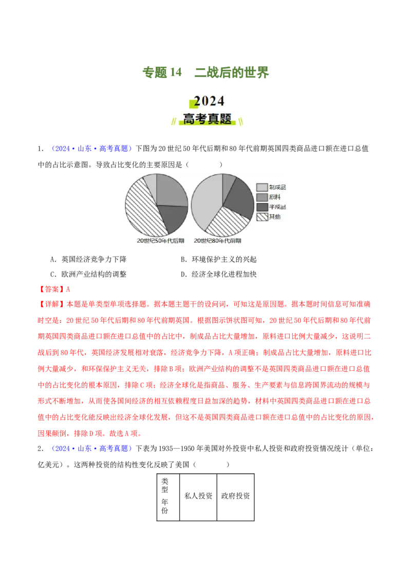 专题14二战后的世界（教师卷）-2024年高考真题和模拟题历史分类汇编（全国通用）_近10年高考真题汇编（必刷）_十年（2014-2024）高考历史真题分项汇编（全国通用）