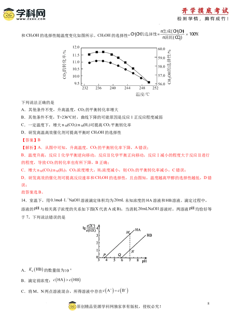化学-2024届新高三开学摸底考试卷（湖南专用）（解析版）_2024届新高三开学摸底考试卷_化学-2024届新高三开学摸底考试卷_化学-2024届新高三开学摸底考试卷（湖南专用）_39569472