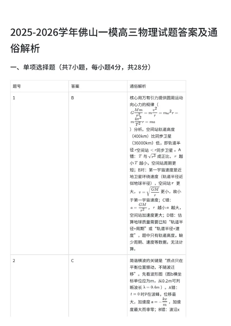 2026届佛山一模物理答案(1)_2026年1月_260127广东省佛山市普通高中2026届高三上学期教学质量检测（一）_广东省佛山市普通高中2026届高三上学期教学质量检测（一）物理试题（含答案）