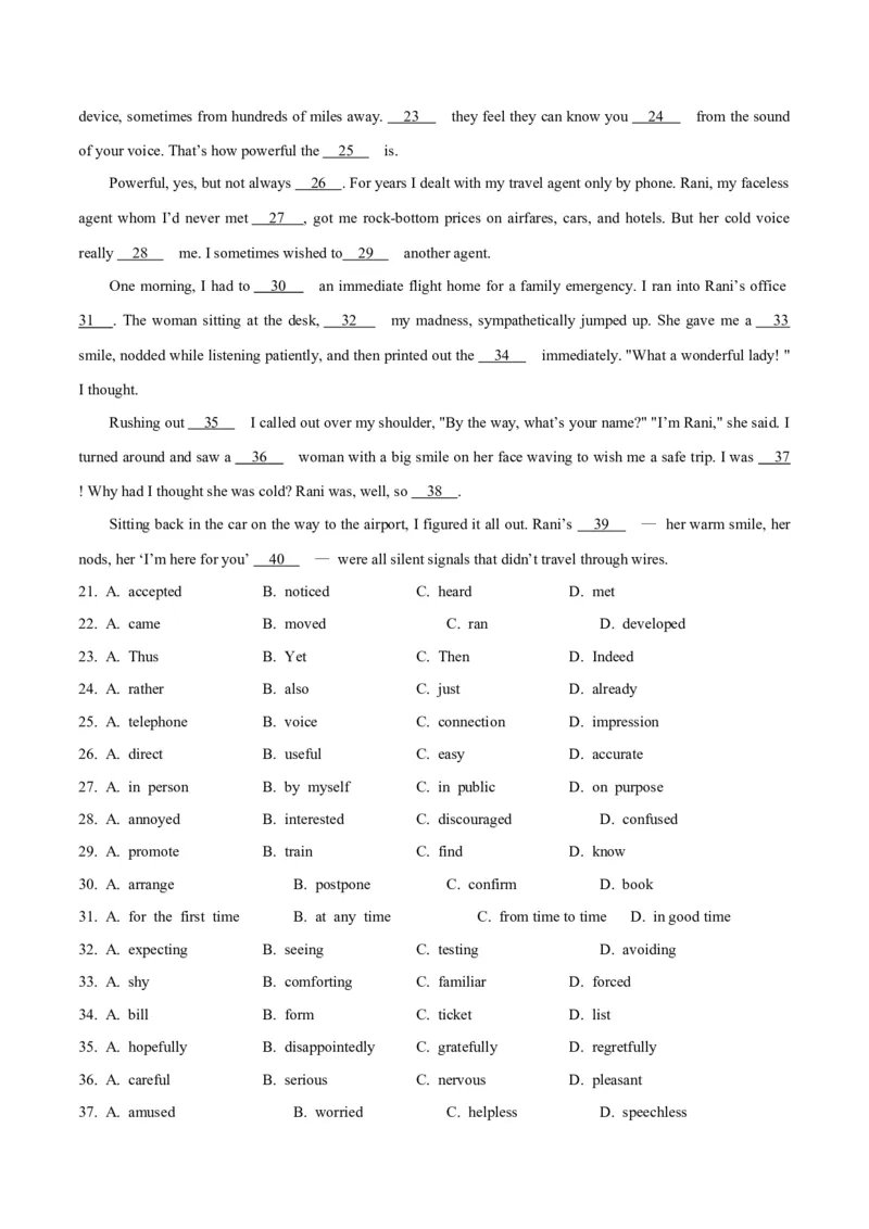 专题20完形填空夹叙夹议文(20空)（学生卷）--十年（2015-2024）高考真题英语分项汇编（全国通用）_近10年高考真题汇编（必刷）_十年（2014-2024）高考英语真题分类汇编（全国通用）