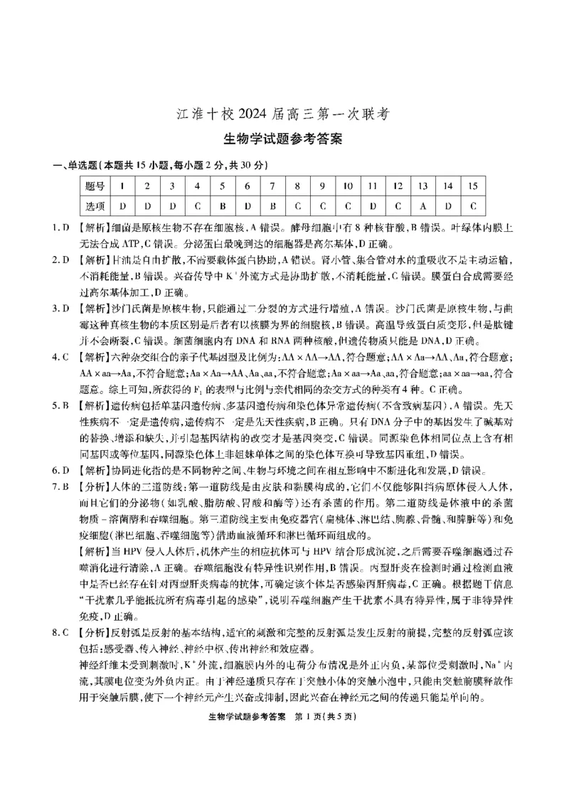 安徽省江淮十校2023-2024学年高三上学期开学考试生物答案(1)_2023年9月_029月合集_2024届安徽省江淮十校高三上学期开学考试