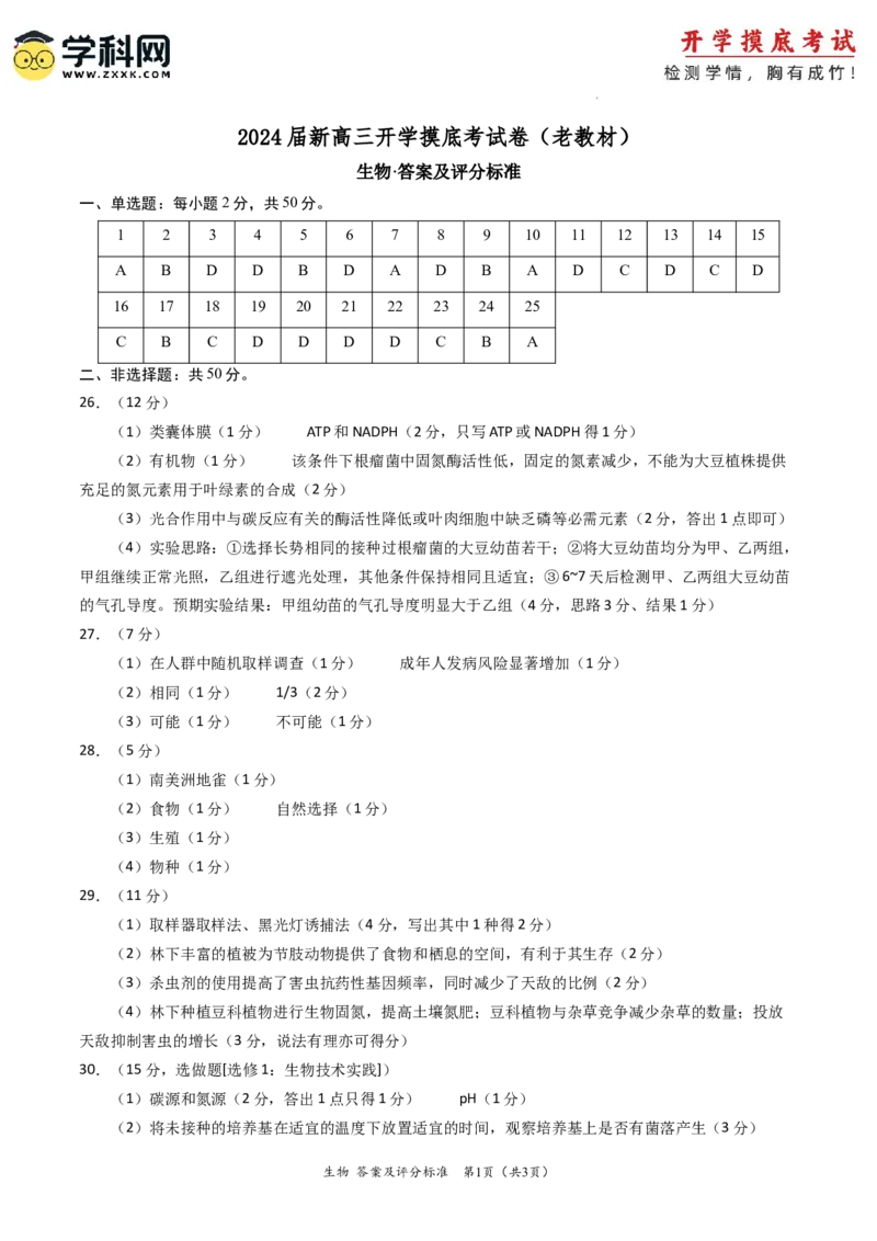 生物-2024届新高三开学摸底考试卷（老教材专用）(答案及评分标准)_2024届新高三开学摸底考试卷_生物-2024届新高三开学摸底考试卷
