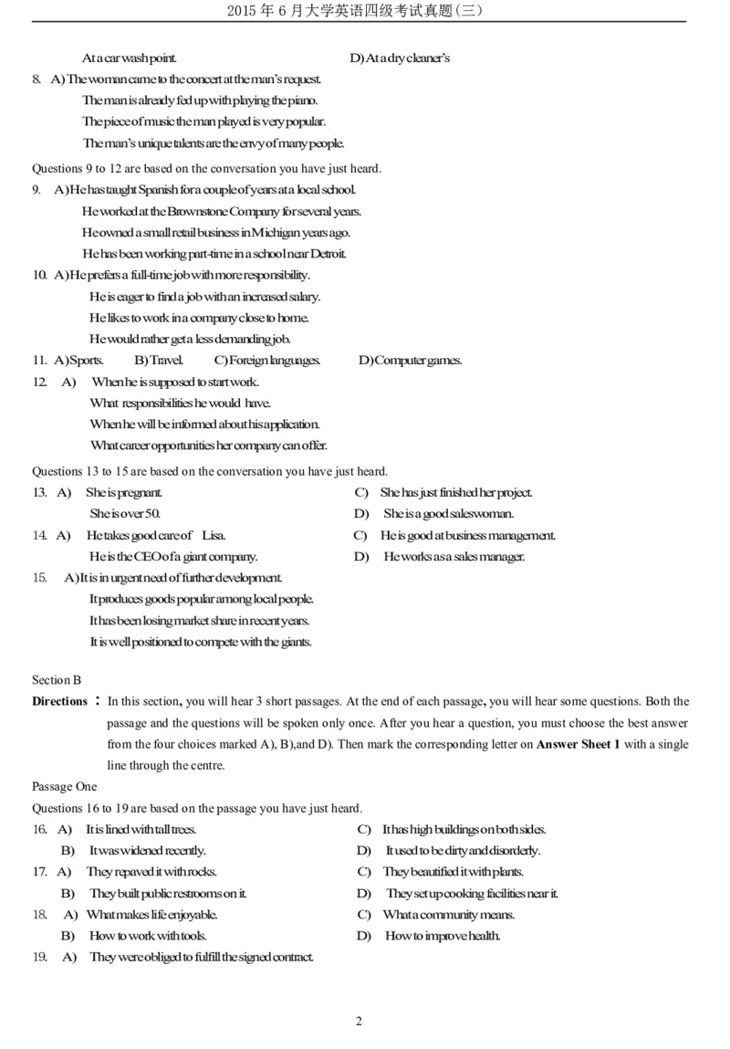 2015年6月大学英语四级真题（三）_英语四六级整合_英语四六级真题版本二此版为主此文件夹会持续更新_四级真题_1.四级真题+答案解析+听力音频(1989-2025)_2015年_2015年06月CET4