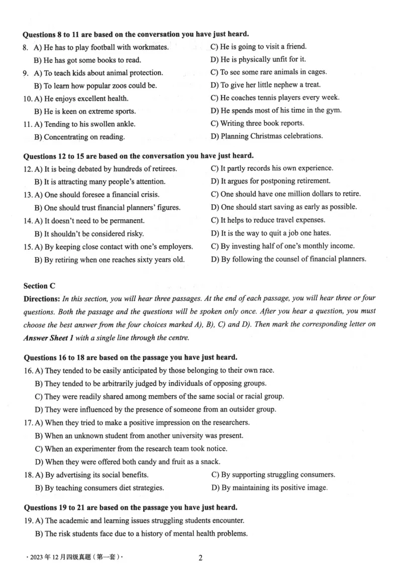2023.12四级真题第1套可复制可检索_英语四六级整合_英语四六级真题版本二此版为主此文件夹会持续更新_四级真题_1.四级真题+答案解析+听力音频(1989-2025)_2023年_2023年12月CET4