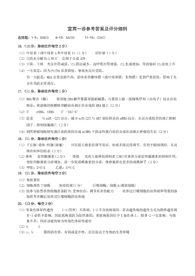 宜宾市普通高中2023级第一次诊断性测试生物答案(1)_2026年1月_260115四川省宜宾市普通高中2023级(2026届)高三年级第一次诊断性测试（宜宾一诊）