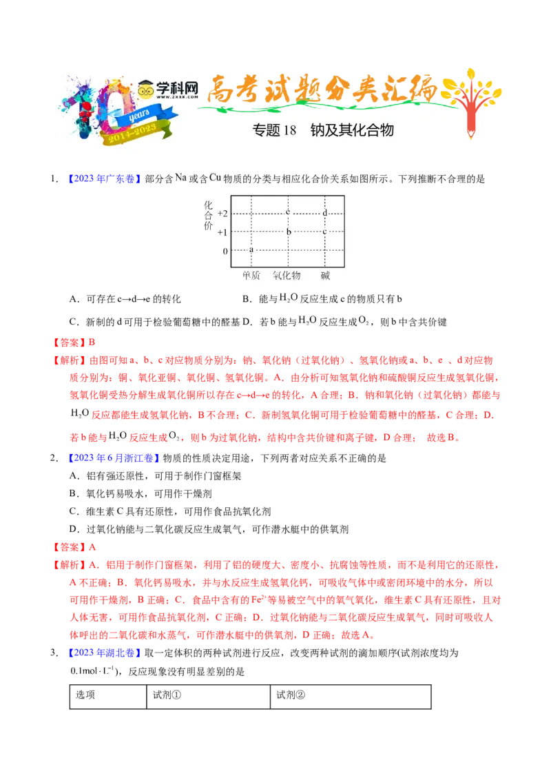 专题18钠及其化合物（解析卷）_近10年高考真题汇编（必刷）_十年（2014-2024）高考化学真题分项汇编（全国通用）_十年（2014-2023）高考化学真题分项汇编（全国通用）