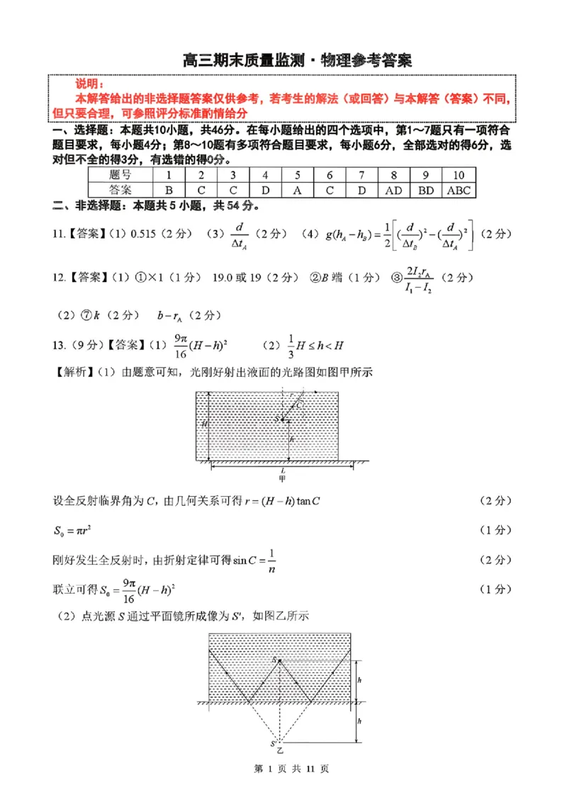 辽宁省县级重点高中协作体高三期末质量监测物理答案(1)_2026年1月_260120辽宁省县级重点高中协作体高三期末质量监测