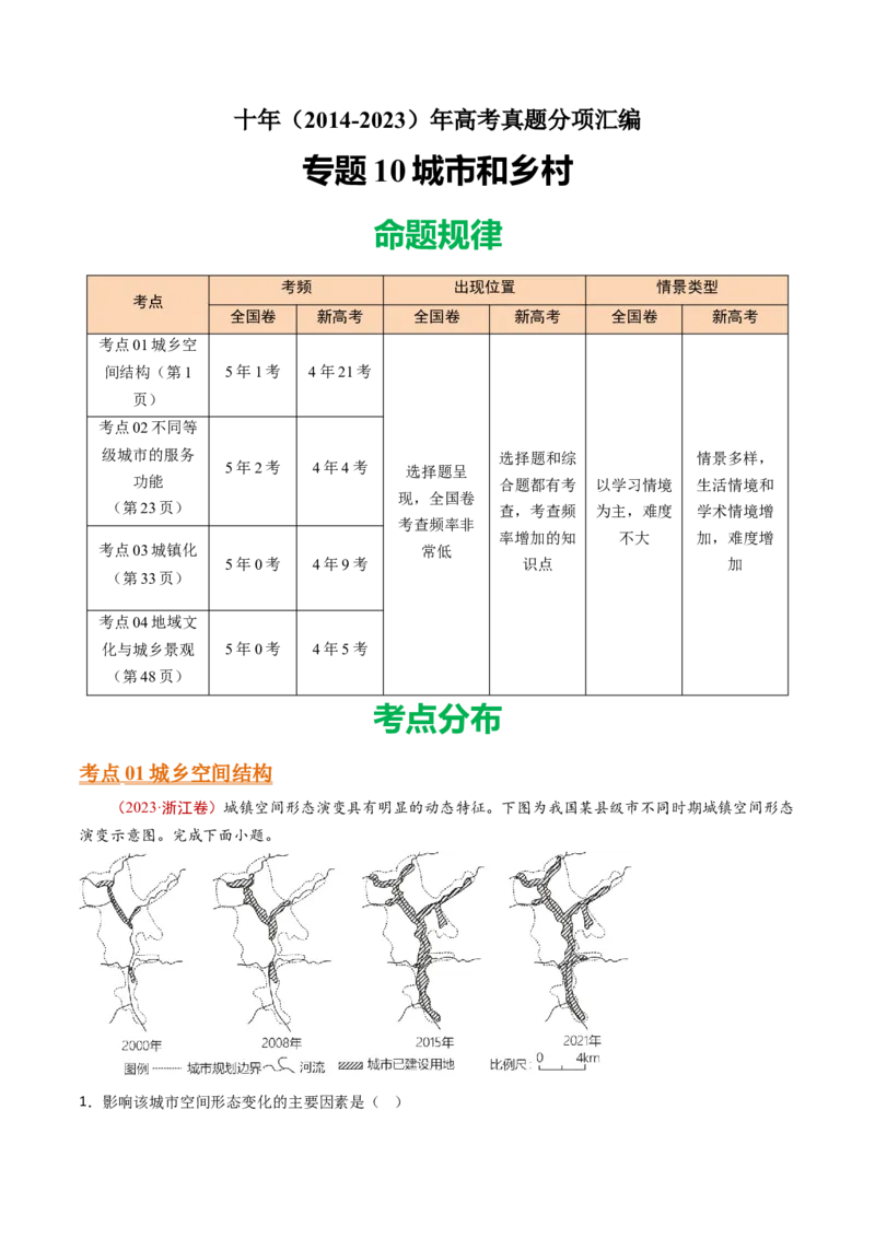 专题10城市和乡村-十年（2014-2023）高考地理真题分项汇编（学生卷）_近10年高考真题汇编（必刷）_十年（2014-2024）高考地理真题分项汇编（全国通用）