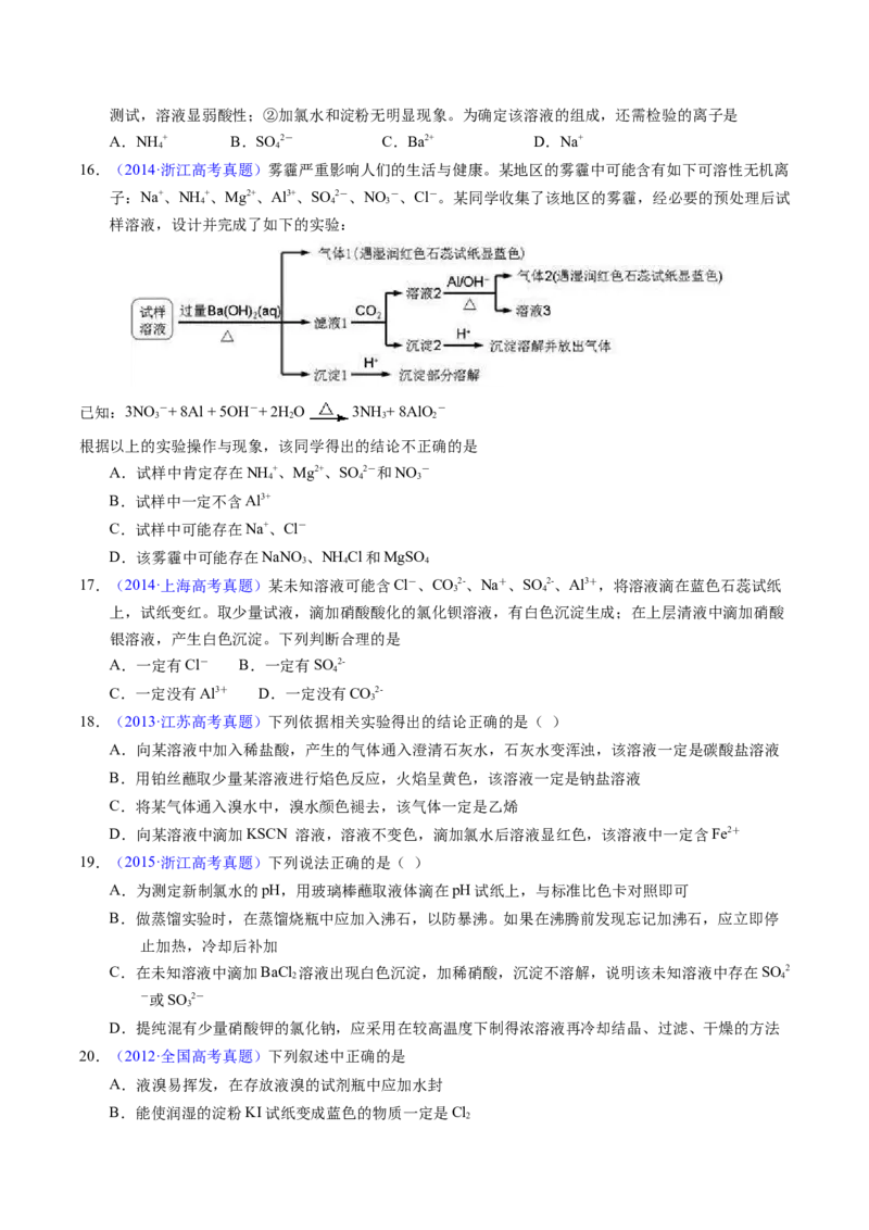 专题84离子检验与推断（原卷卷）_近10年高考真题汇编（必刷）_十年（2014-2024）高考化学真题分项汇编（全国通用）_十年（2014-2023）高考化学真题分项汇编（全国通用）