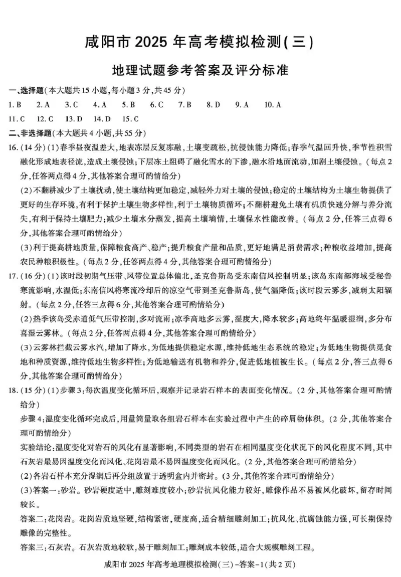 陕西省咸阳市2025届高三下学期高考模拟检测（三）地理答案_2025年5月_0501陕西省咸阳市2025年高考模拟检测（三）（咸阳三模）（全科）