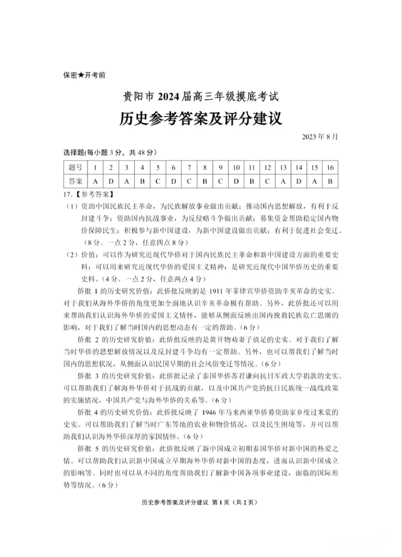 2024届贵州省贵阳市高三上学期摸底考试历史答案_2023年8月_01每日更新_22号_2024届贵州省贵阳市高三上学期开学考试_贵州省贵阳市2024届高三上学期开学考试历史