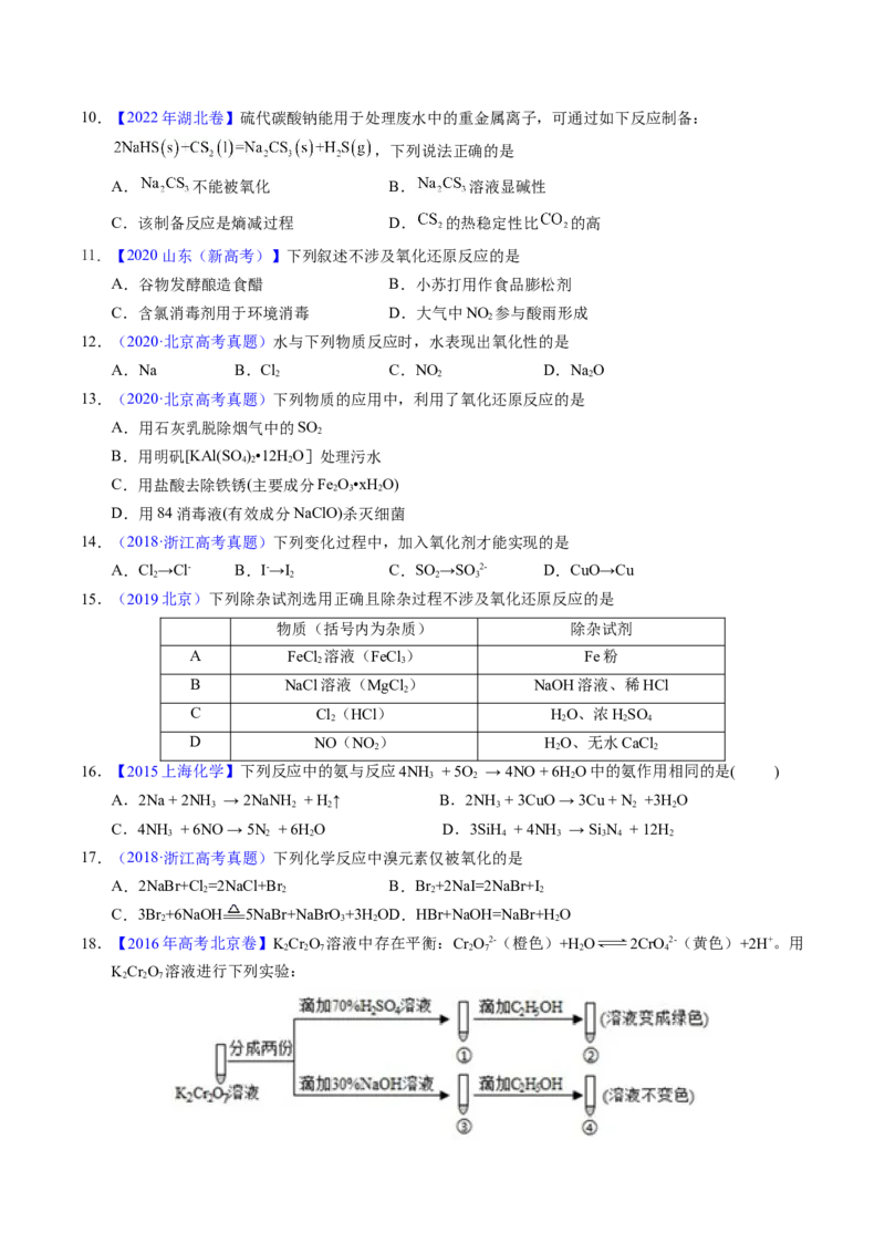 专题15氧化还原反应基本概念（原卷卷）_近10年高考真题汇编（必刷）_十年（2014-2024）高考化学真题分项汇编（全国通用）_十年（2014-2023）高考化学真题分项汇编（全国通用）