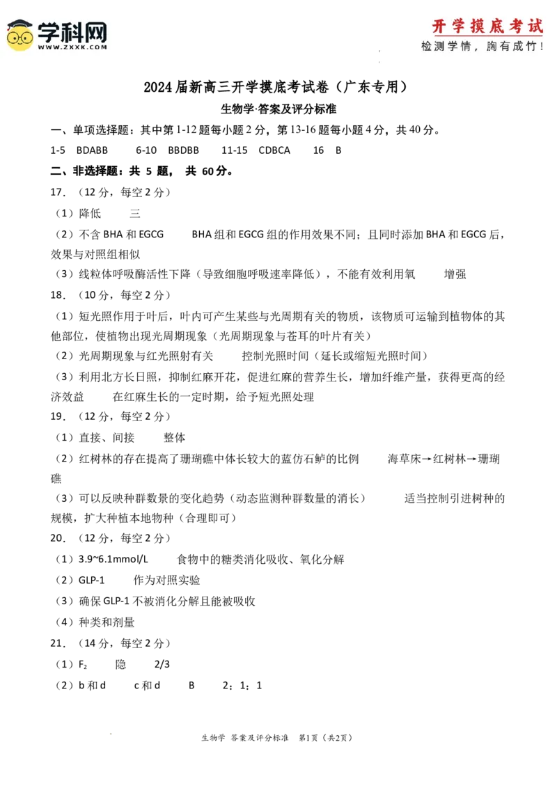 生物-2024届新高三开学摸底考试卷（广东专用）（答案及评分标准）_2024届新高三开学摸底考试卷_生物-2024届新高三开学摸底考试卷_生物-2024届新高三开学摸底考试卷（广东专用）