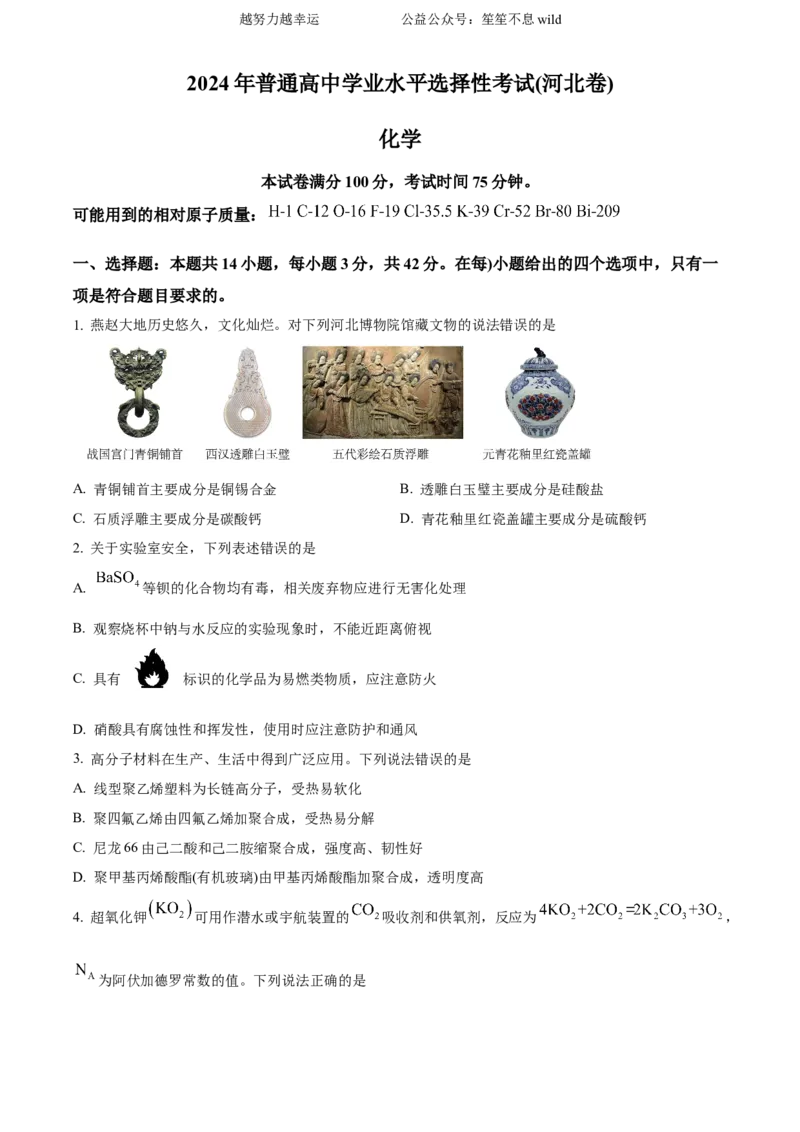 精品解析：2024年高考真题河北卷化学试题（原卷版）_高考真题全网收集_化学_2024年新高考河北卷化学高考真题解析（参考版）