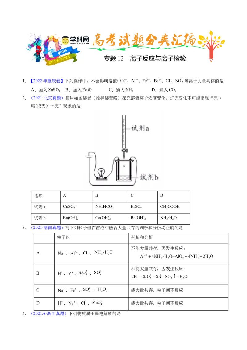 专题12离子反应与离子检验（原卷卷）_近10年高考真题汇编（必刷）_十年（2014-2024）高考化学真题分项汇编（全国通用）_十年（2014-2023）高考化学真题分项汇编（全国通用）