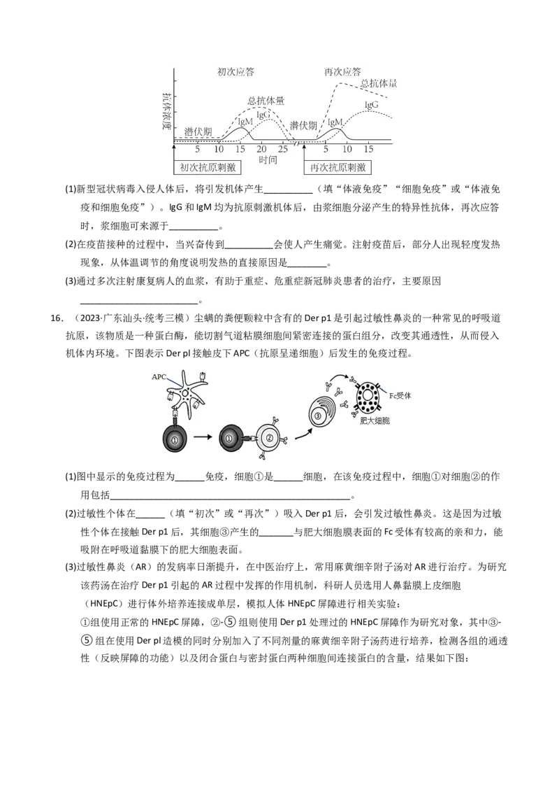 专题14免疫调节（学生卷）_近10年高考真题汇编（必刷）_十年（2014-2024）高考生物真题分项汇编（全国通用）_2023年高考真题和模拟题生物分项汇编（全国通用）