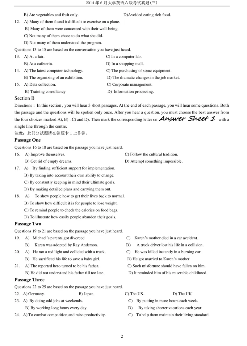 2014年6月大学英语六级考试真题（三）_英语四六级整合_英语四六级真题版本二此版为主此文件夹会持续更新_六级真题_1.六级真题+答案解析+听力音频_2014年-2022年真题解析音频