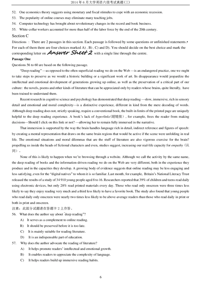 2014年6月大学英语六级考试真题（三）_英语四六级整合_英语四六级真题版本二此版为主此文件夹会持续更新_六级真题_1.六级真题+答案解析+听力音频_2014年-2022年真题解析音频