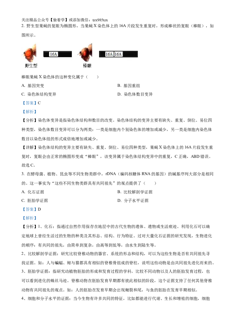 精品解析：2024年6月浙江卷生物高考真题（解析版）_高考真题全网收集_生物学_精品解析：2024年新高考6月浙江卷生物高考真题解析（参考版）