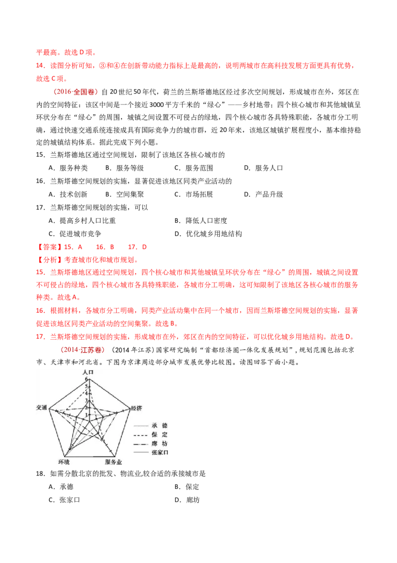 专题10城市和乡村-十年（2014-2023）高考地理真题分项汇编（解析卷）_近10年高考真题汇编（必刷）_十年（2014-2024）高考地理真题分项汇编（全国通用）