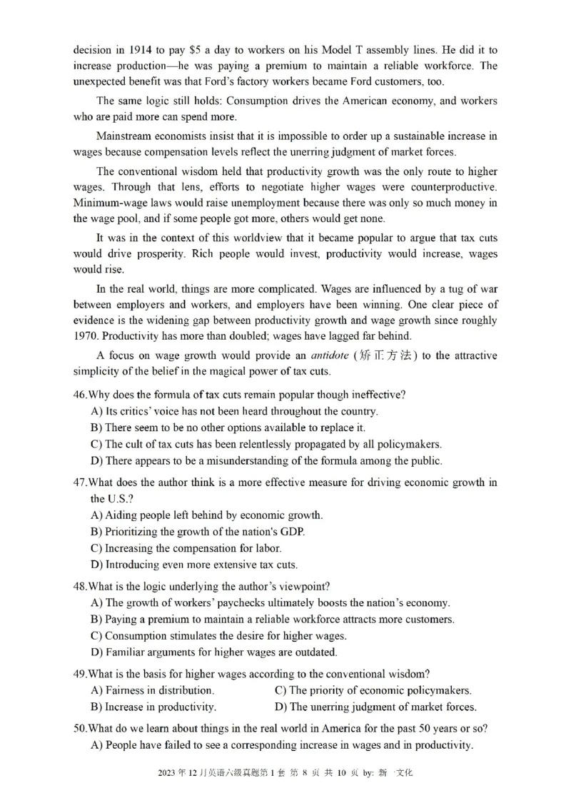 2023.12六级真题第1套可复制可检索，打印首选_英语四六级整合_英语四六级真题版本二此版为主此文件夹会持续更新_六级真题_1.六级真题+答案解析+听力音频_2023年12月CET6