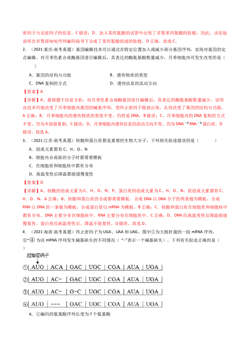 专题10遗传的分子基础（解析卷）_近10年高考真题汇编（必刷）_十年（2014-2024）高考生物真题分项汇编（全国通用）_十年（2014-2023）高考生物真题分项汇编（全国通用）