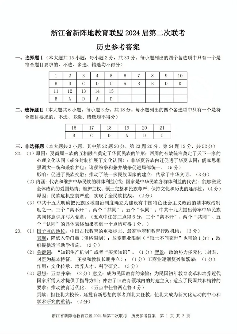 历史参考答案(1)_2023年10月_0210月合集_2024届浙江省新阵地教育联盟高三上学期第二次联考_浙江省新阵地教育联盟2024届高三上学期第二次联考历史