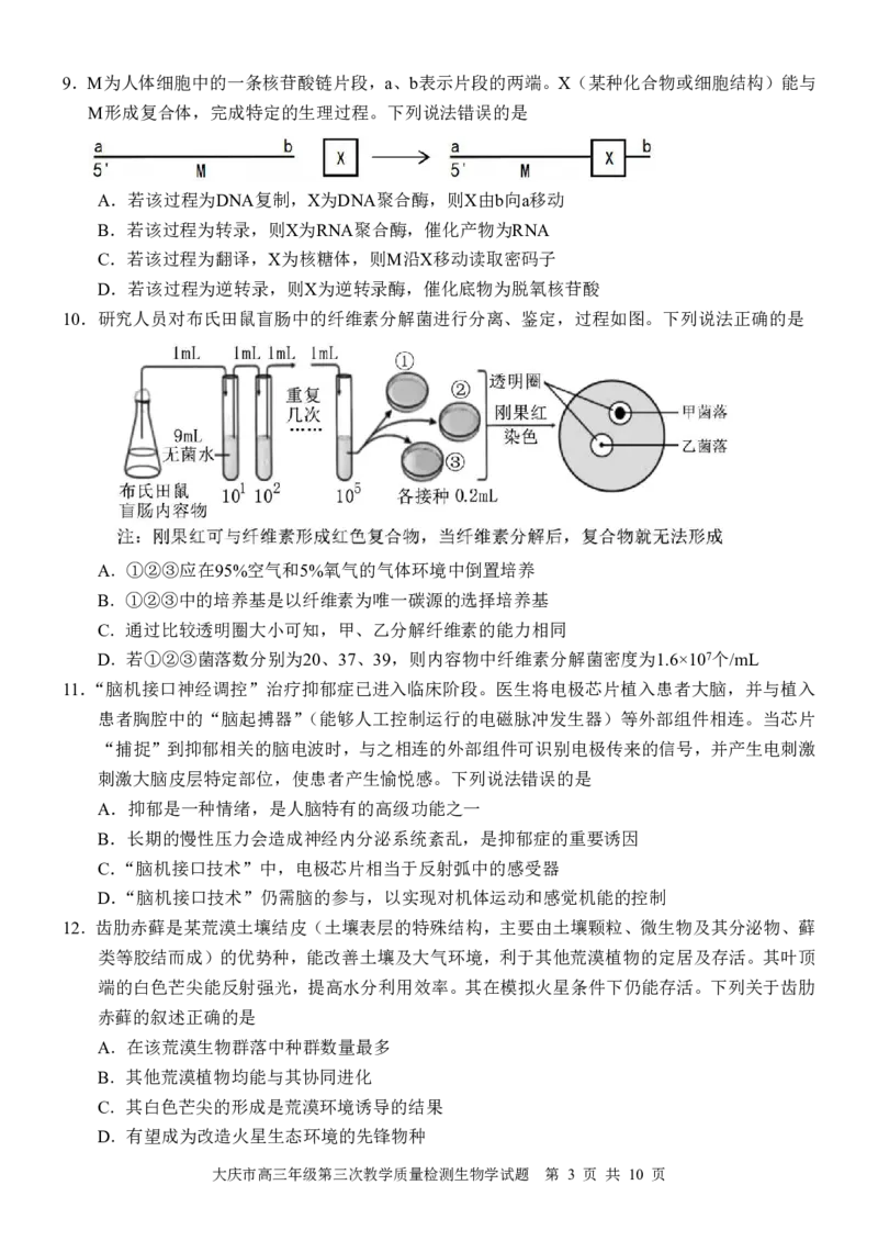 黑龙江省大庆市2025届高三下学期第三次模拟考试生物_2025年4月_250421黑龙江省大庆市2025届高三下学期第三次模拟考试（全科）