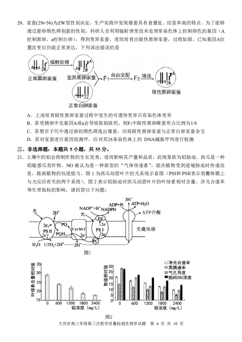 黑龙江省大庆市2025届高三下学期第三次模拟考试生物_2025年4月_250421黑龙江省大庆市2025届高三下学期第三次模拟考试（全科）