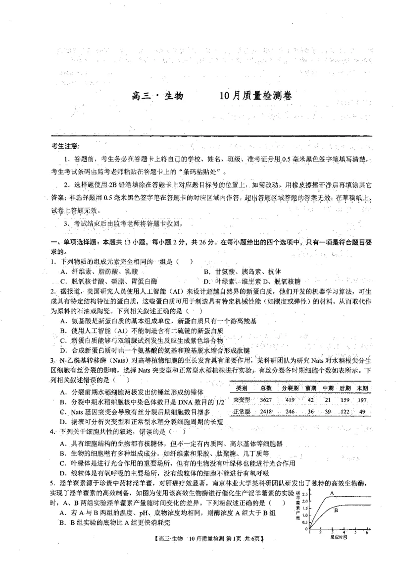安徽省徽师联盟2023-2024学年高三上学期10月联考生物(1)_2023年10月_0210月合集_2024届安徽省徽师联盟高三上学期10月联考_安徽省徽师联盟2024届高三上学期10月联考生物