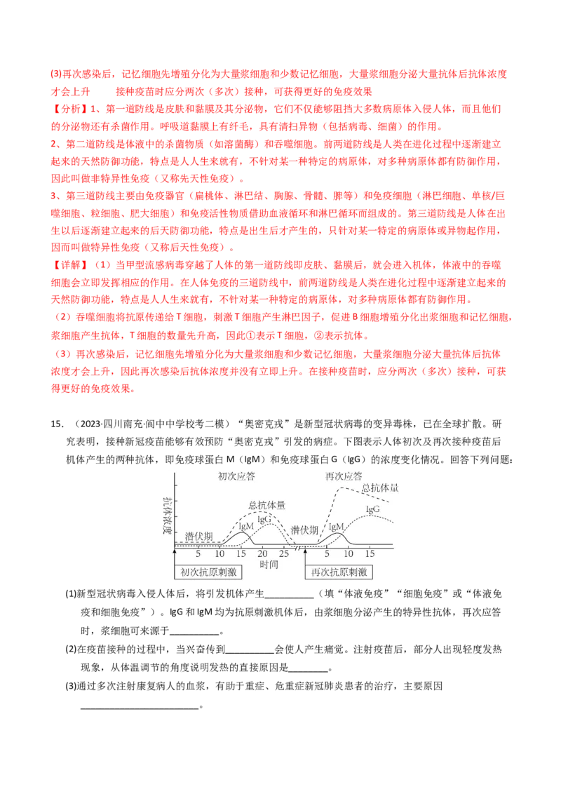专题14免疫调节（解析卷）_近10年高考真题汇编（必刷）_十年（2014-2024）高考生物真题分项汇编（全国通用）_2023年高考真题和模拟题生物分项汇编（全国通用）