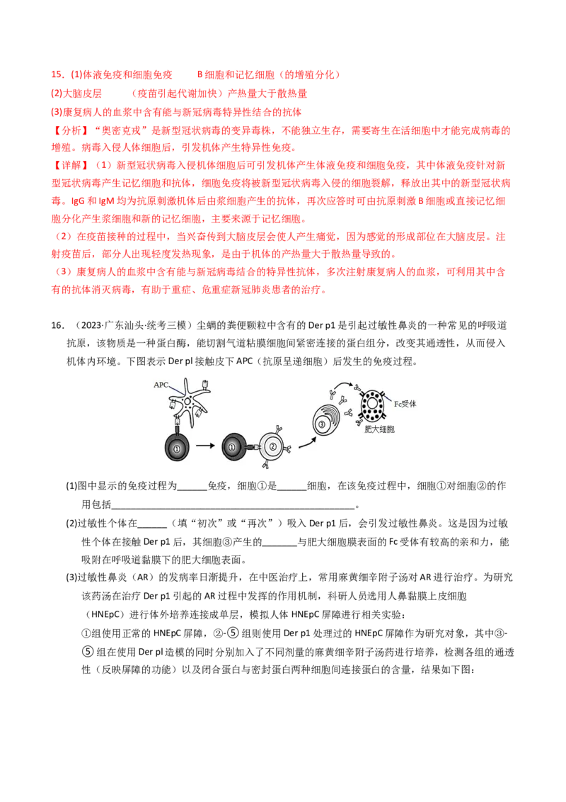 专题14免疫调节（解析卷）_近10年高考真题汇编（必刷）_十年（2014-2024）高考生物真题分项汇编（全国通用）_2023年高考真题和模拟题生物分项汇编（全国通用）