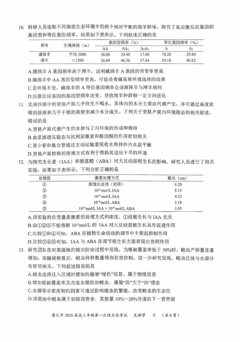 贵州省遵义市2025-2026学年高三上学期第一次适应性考试生物_2025年10月_12026年试卷教辅资源等多个文件_251025贵州省遵义市2025-2026学年高三上学期第一次适应性考试（全科）