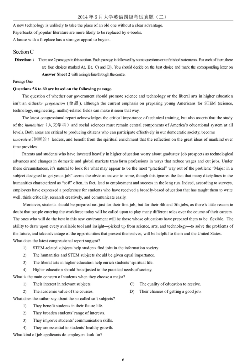 2014年6月年大学英语四级考试真题（二）_英语四六级整合_英语四六级真题版本二此版为主此文件夹会持续更新_四级真题_1.四级真题+答案解析+听力音频(1989-2025)_2014年_2014年06月CET4